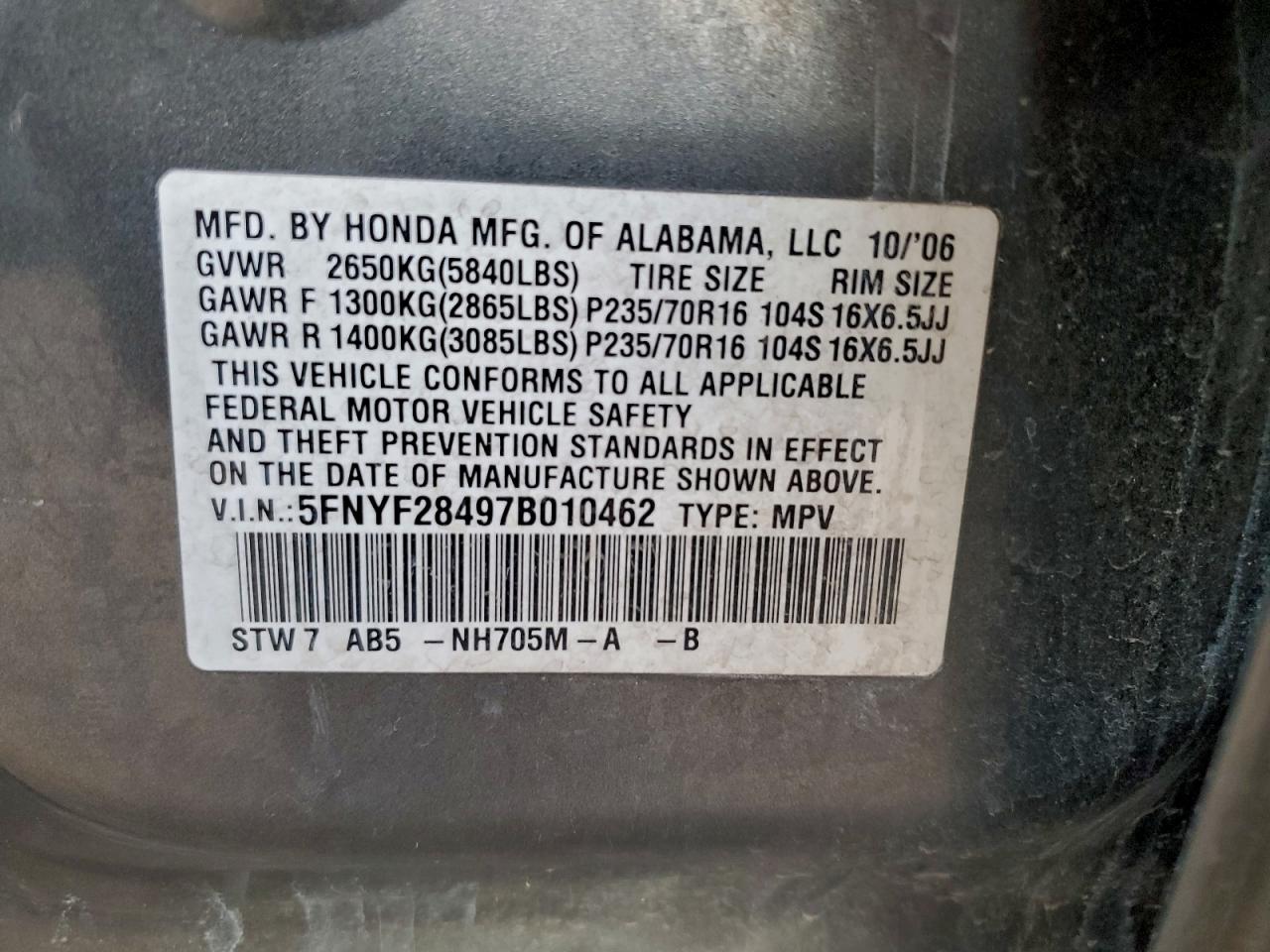 2007 Honda Pilot Ex VIN: 5FNYF28497B010462 Lot: 94818125