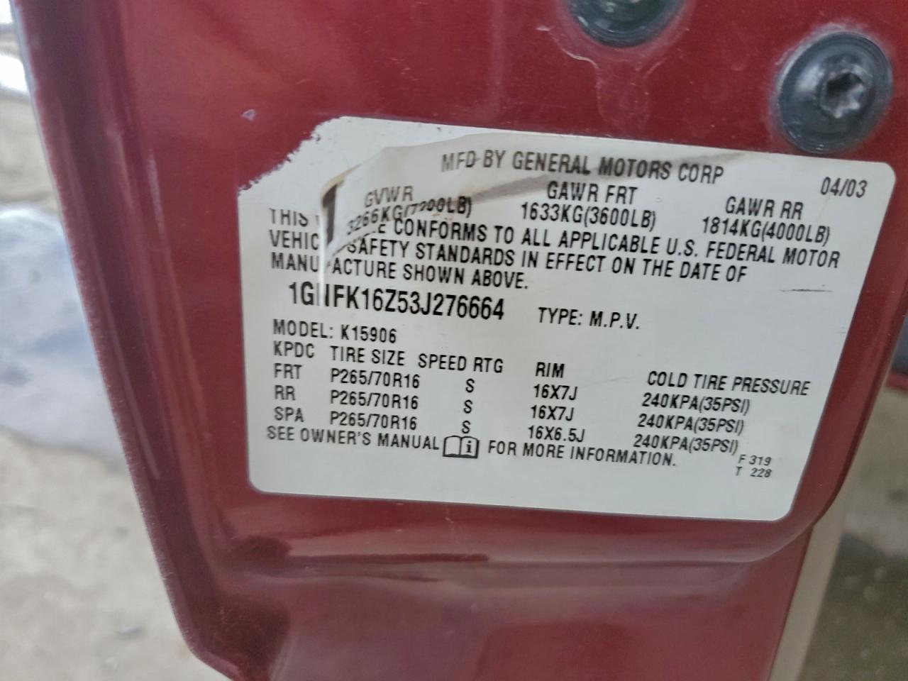 2003 Chevrolet Suburban K1500 VIN: 1GNFK16Z53J276664 Lot: 97275005