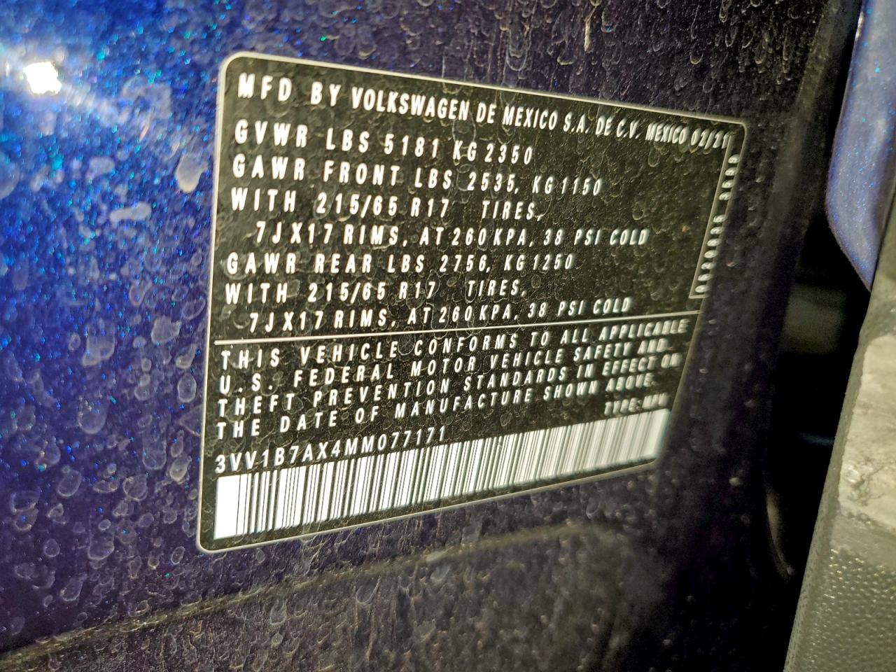 2021 Volkswagen Tiguan S VIN: 3VV1B7AX4MM077171 Lot: 94555515