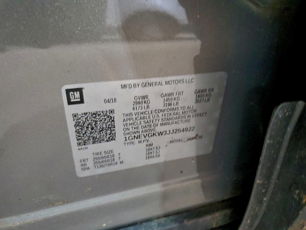 2018 Chevrolet Traverse Lt VIN: 1GNEVGKW3JJ254922 Lot: 94429845