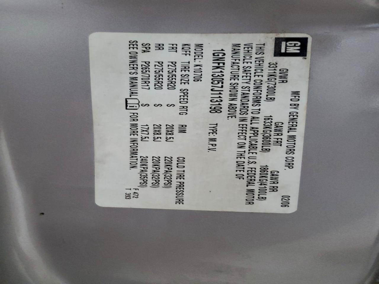 2007 Chevrolet Tahoe K1500 VIN: 1GNFK13057J113198 Lot: 96375925