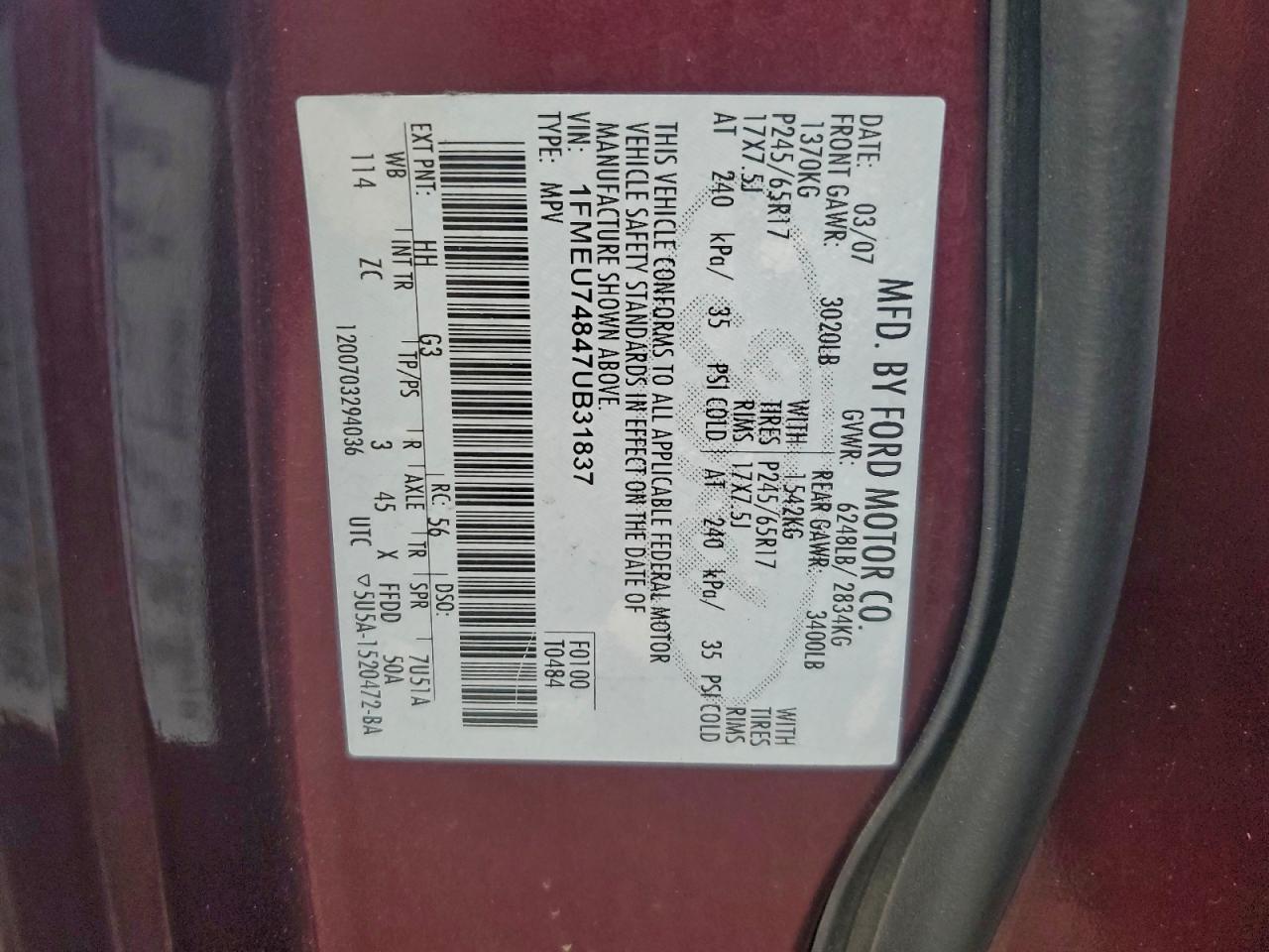 2007 Ford Explorer Eddie Bauer VIN: 1FMEU74847UB31837 Lot: 96203505