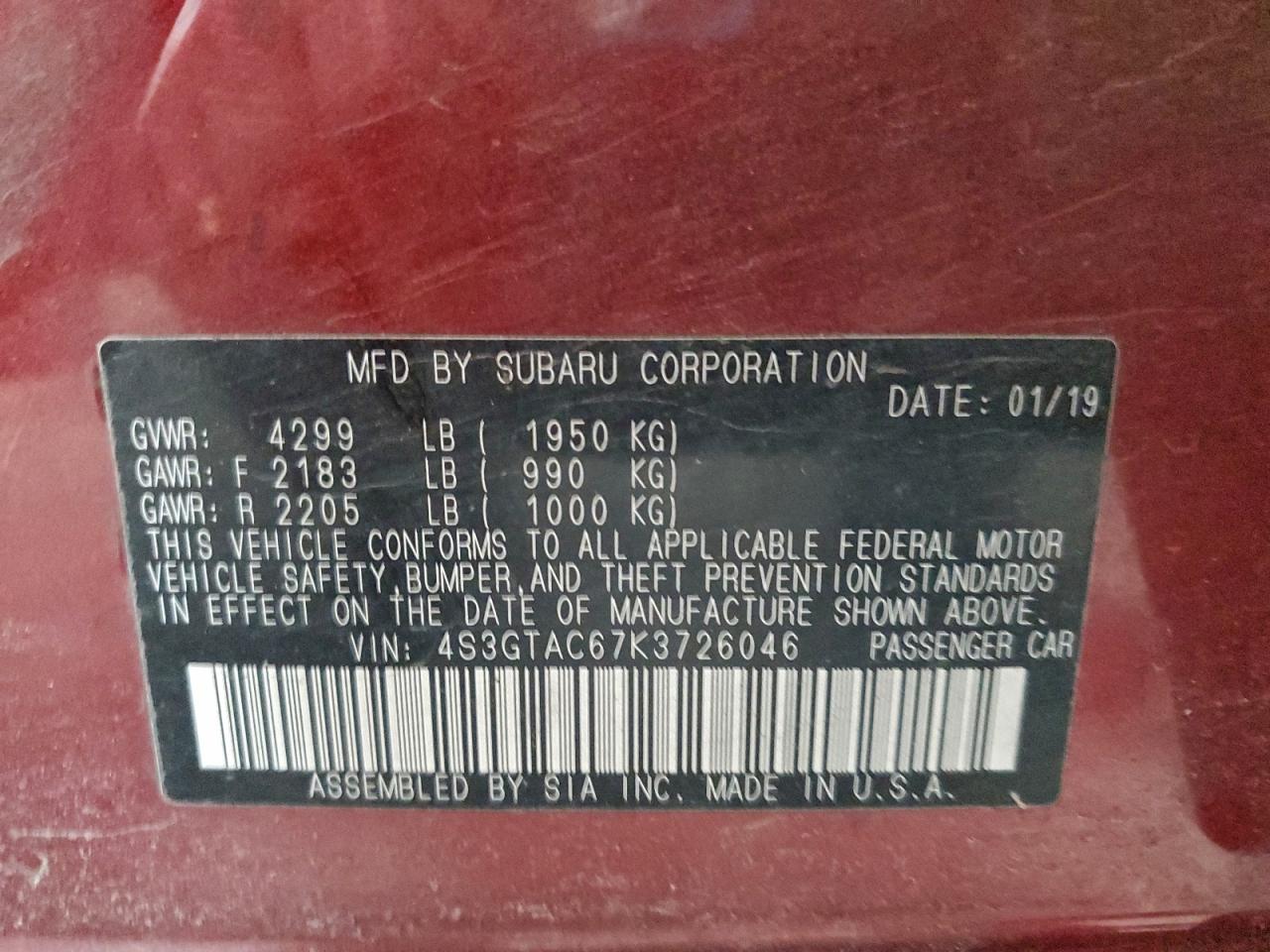 2019 Subaru Impreza Premium VIN: 4S3GTAC67K3726046 Lot: 95918845