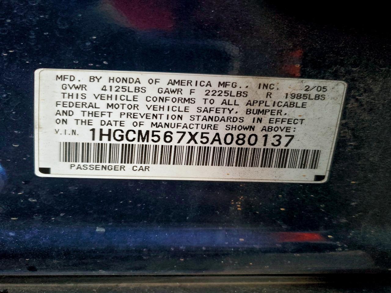 2005 Honda Accord Ex VIN: 1HGCM567X5A080137 Lot: 94811415