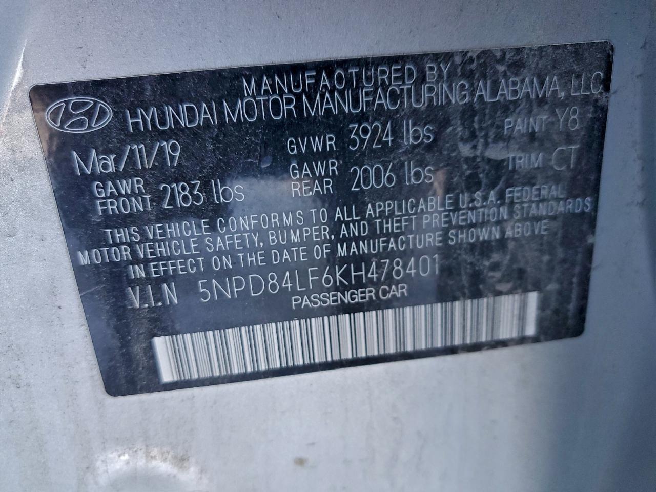 2019 Hyundai Elantra Sel VIN: 5NPD84LF6KH478401 Lot: 94643445