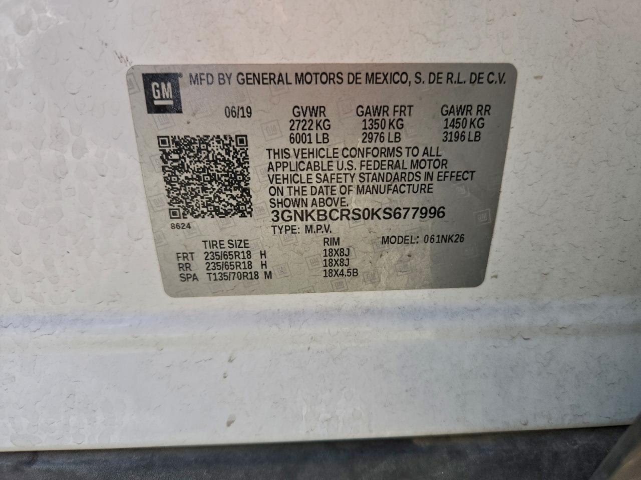 2019 Chevrolet Blazer 2Lt VIN: 3GNKBCRS0KS677996 Lot: 96107115