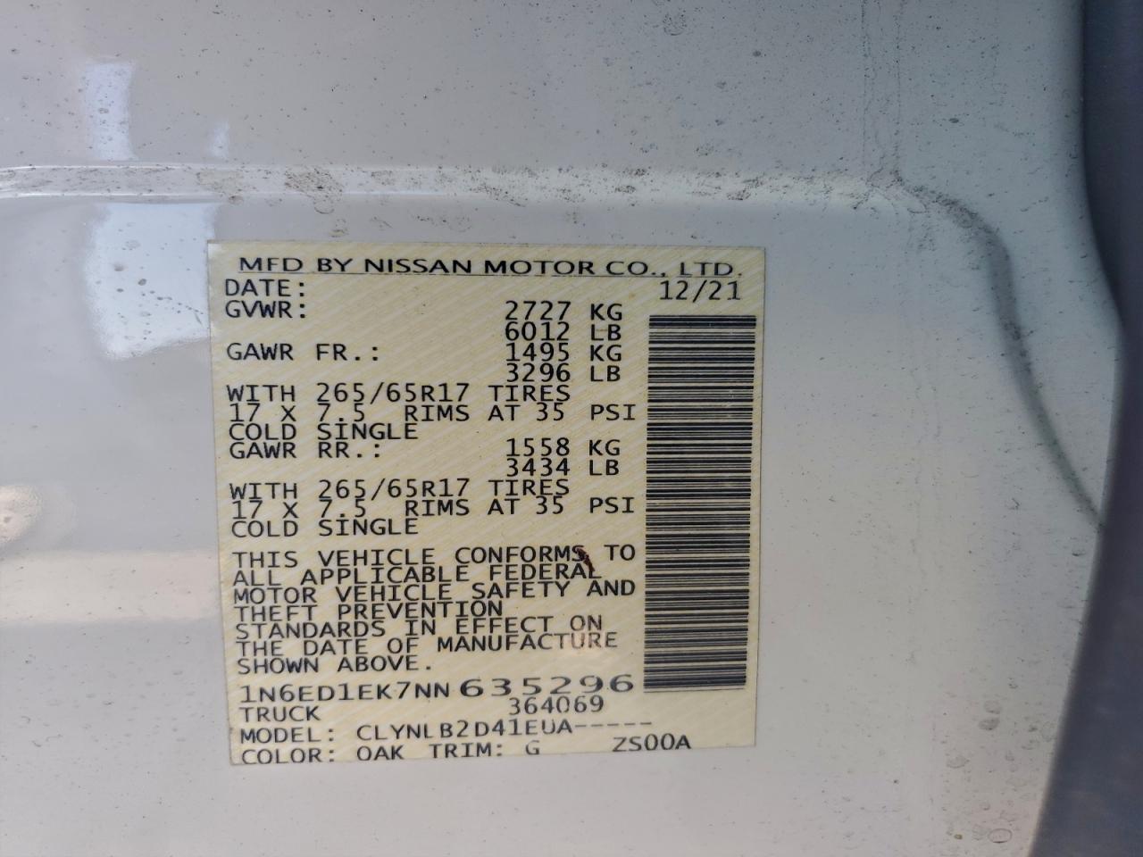 2022 Nissan Frontier S VIN: 1N6ED1EK7NN635296 Lot: 95649665