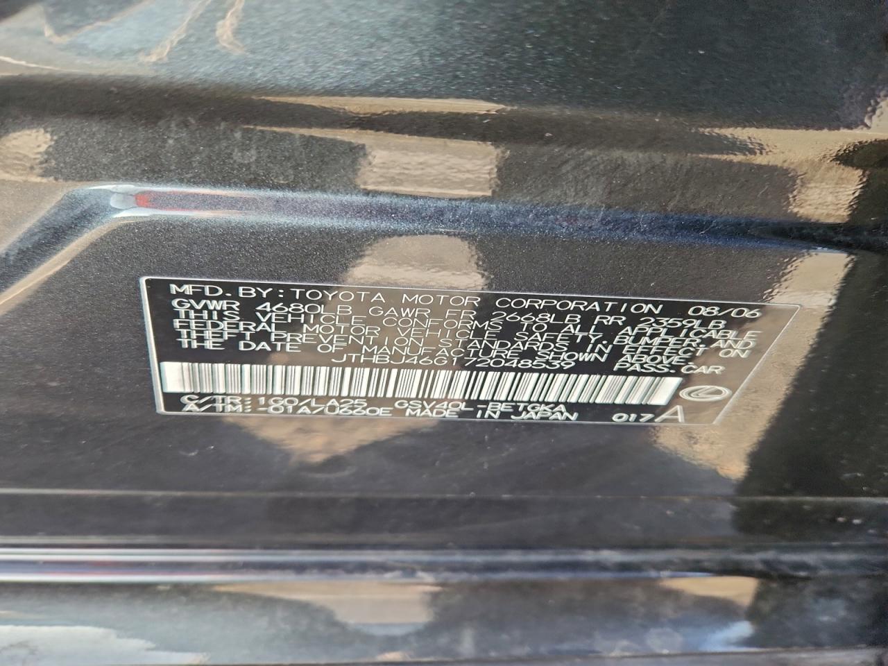 2007 Lexus Es 350 VIN: JTHBJ46G172048539 Lot: 95130815