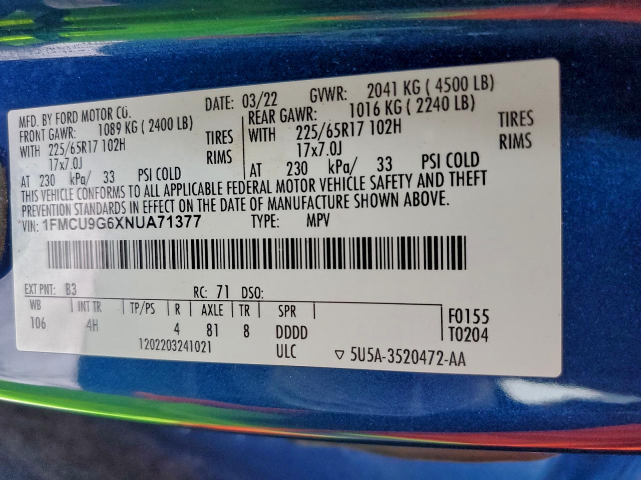 2022 Ford Escape Se VIN: 1FMCU9G6XNUA71377 Lot: 95140915