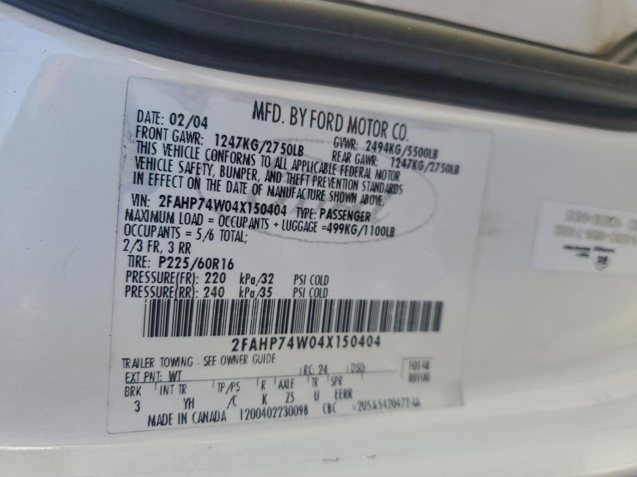 2004 Ford Crown Victoria Lx VIN: 2FAHP74W04X150404 Lot: 96261345