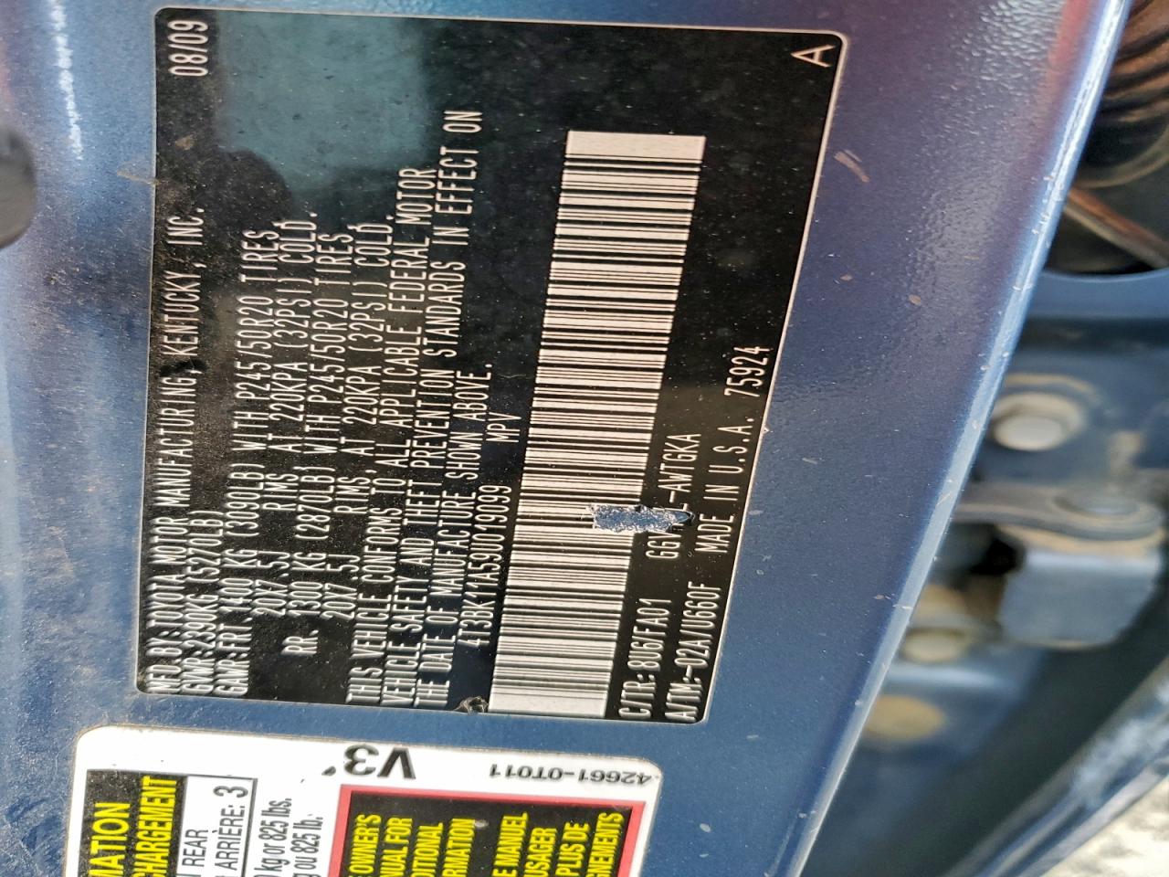 2009 Toyota Venza VIN: 4T3BK11A59U019099 Lot: 95997945