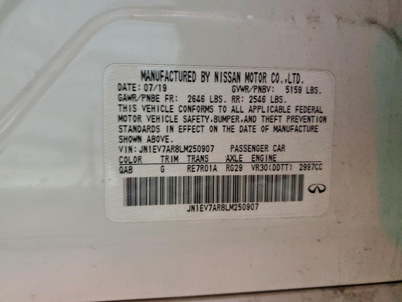 2020 Infiniti Q50 Pure VIN: JN1EV7AR8LM250907 Lot: 96591795