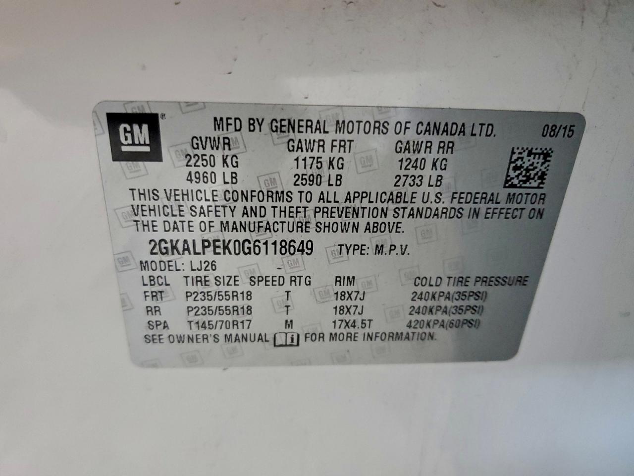 2016 GMC Terrain Slt VIN: 2GKALPEK0G6118649 Lot: 95997545