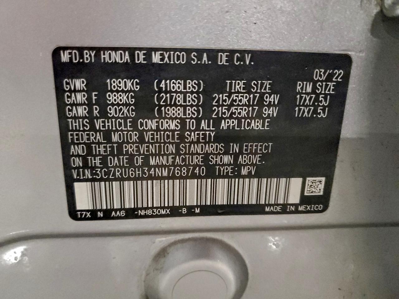 2022 Honda Hr-V Lx VIN: 3CZRU6H34NM768740 Lot: 95495235