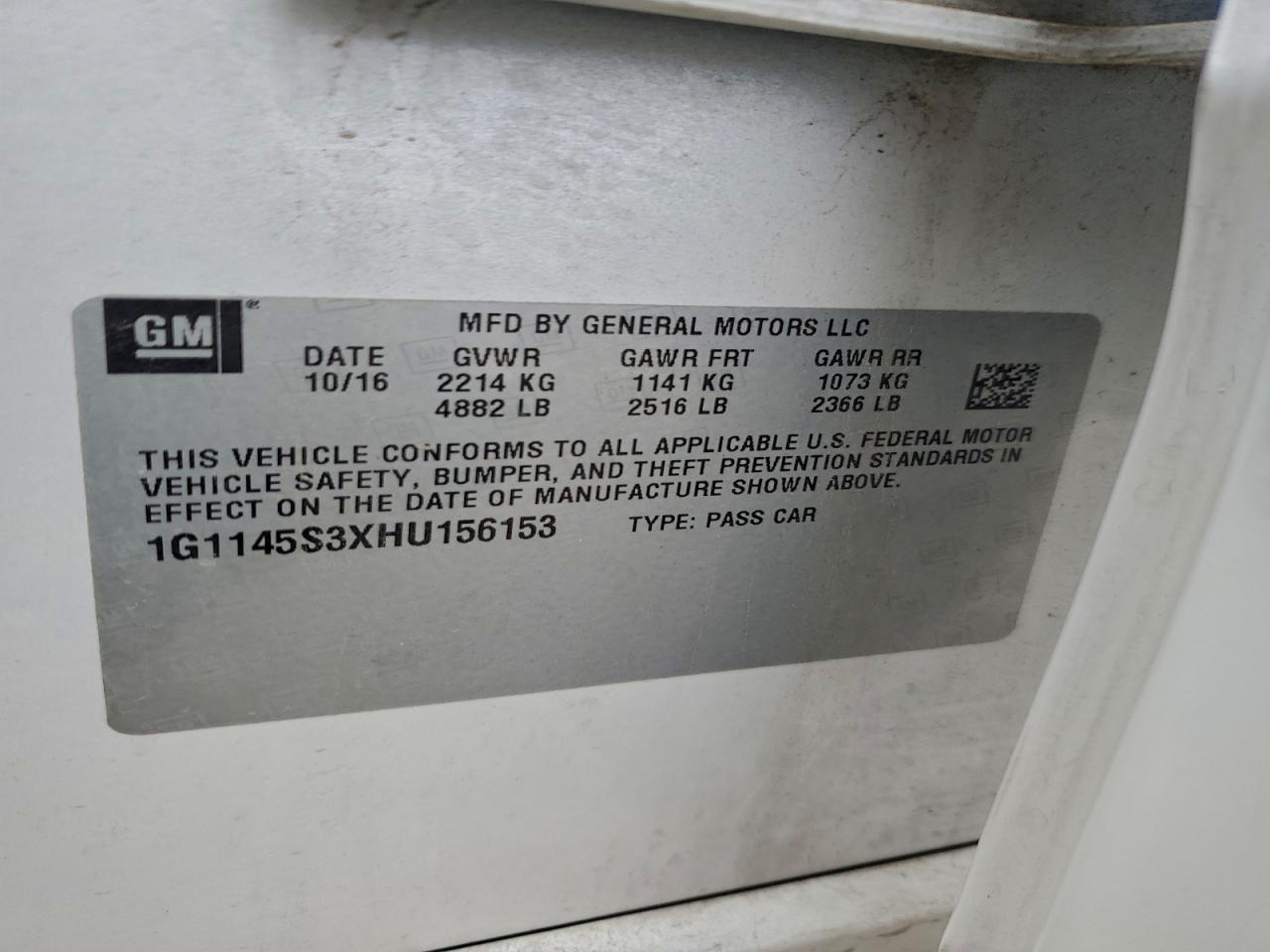 2017 Chevrolet Impala Premier VIN: 1G1145S3XHU156153 Lot: 95954295