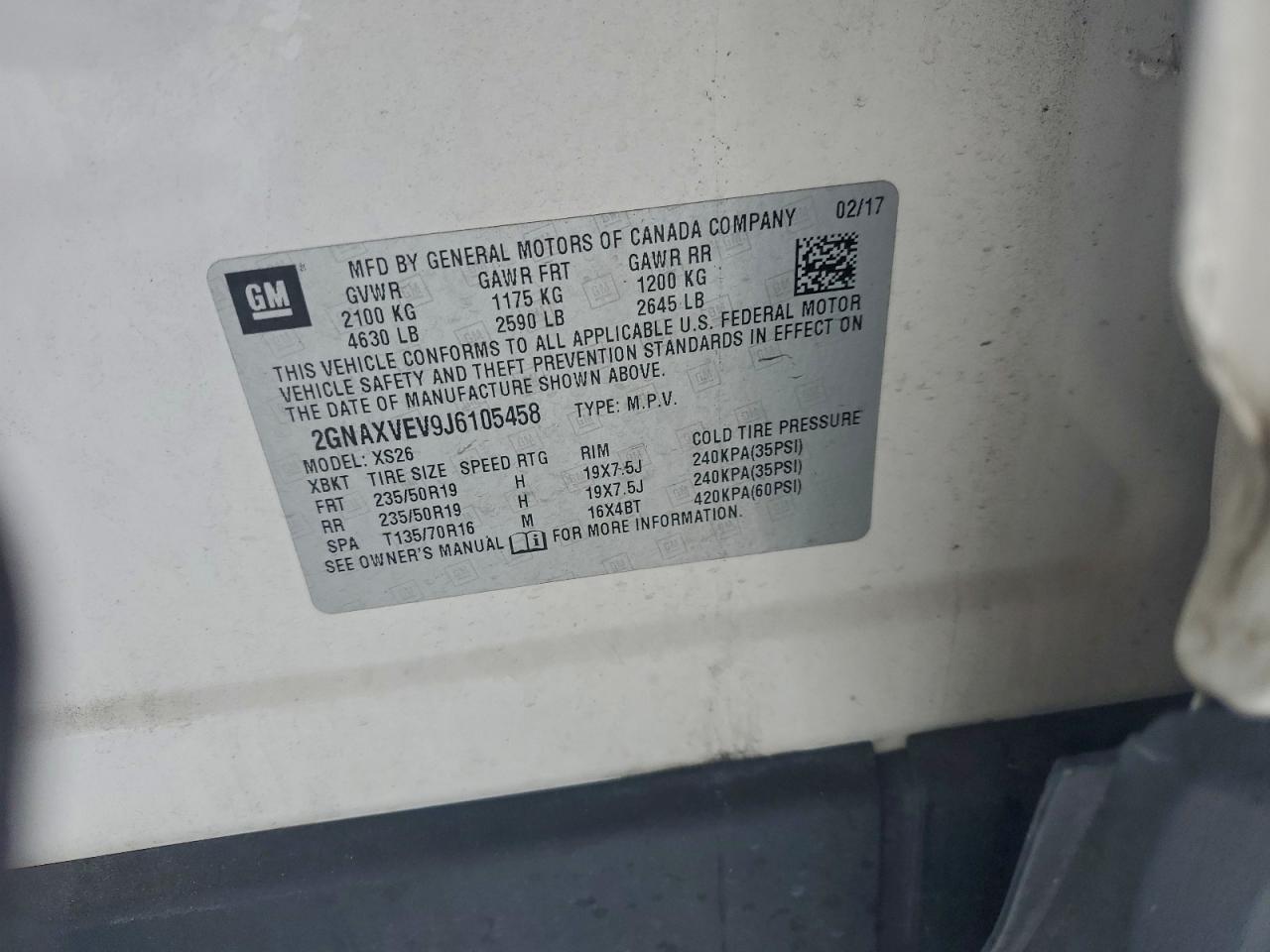 2018 Chevrolet Equinox Premier VIN: 2GNAXVEV9J6105458 Lot: 95610585