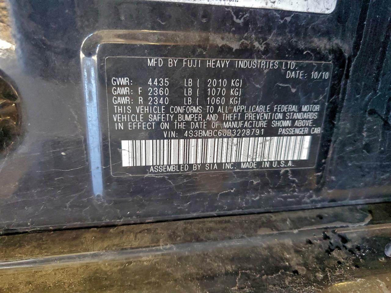 2011 Subaru Legacy 2.5I Premium VIN: 4S3BMBC68B3228791 Lot: 94818365