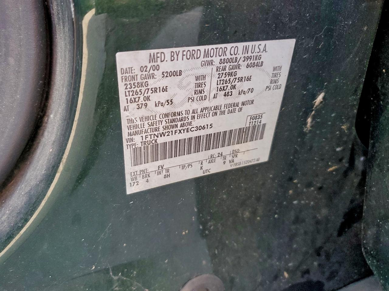 2000 Ford F250 Super Duty VIN: 1FTNW21FXYEC30615 Lot: 95531945