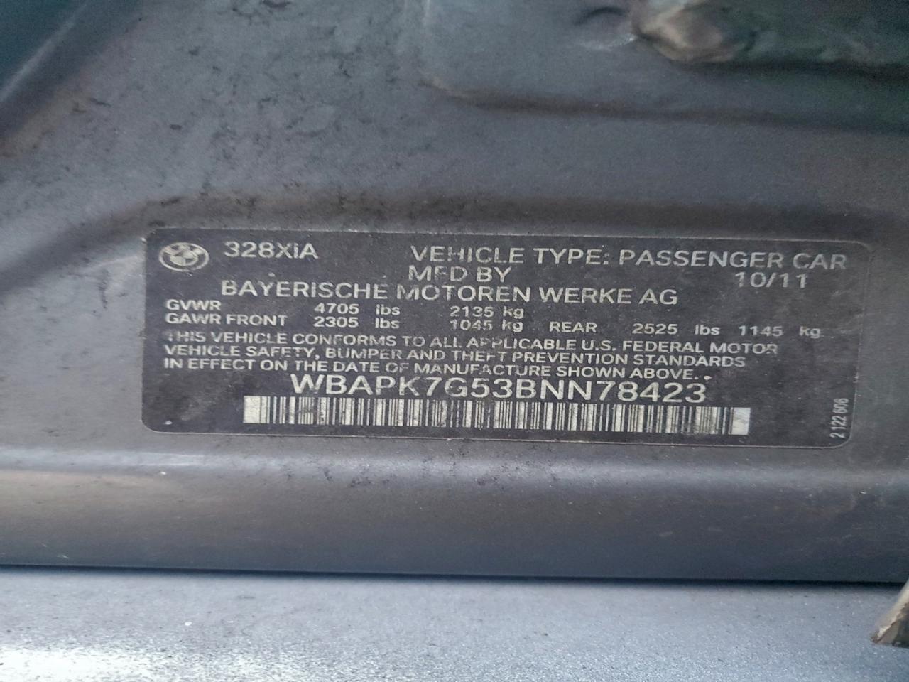 2011 BMW 328 Xi VIN: WBAPK7G53BNN78423 Lot: 95973185