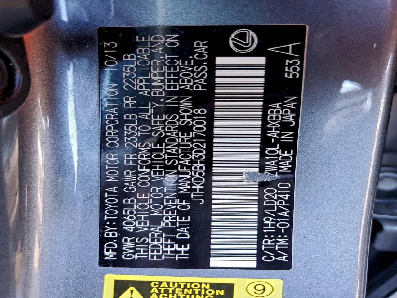 2013 Lexus Ct 200 VIN: JTHKD5BH3D2170018 Lot: 95109105