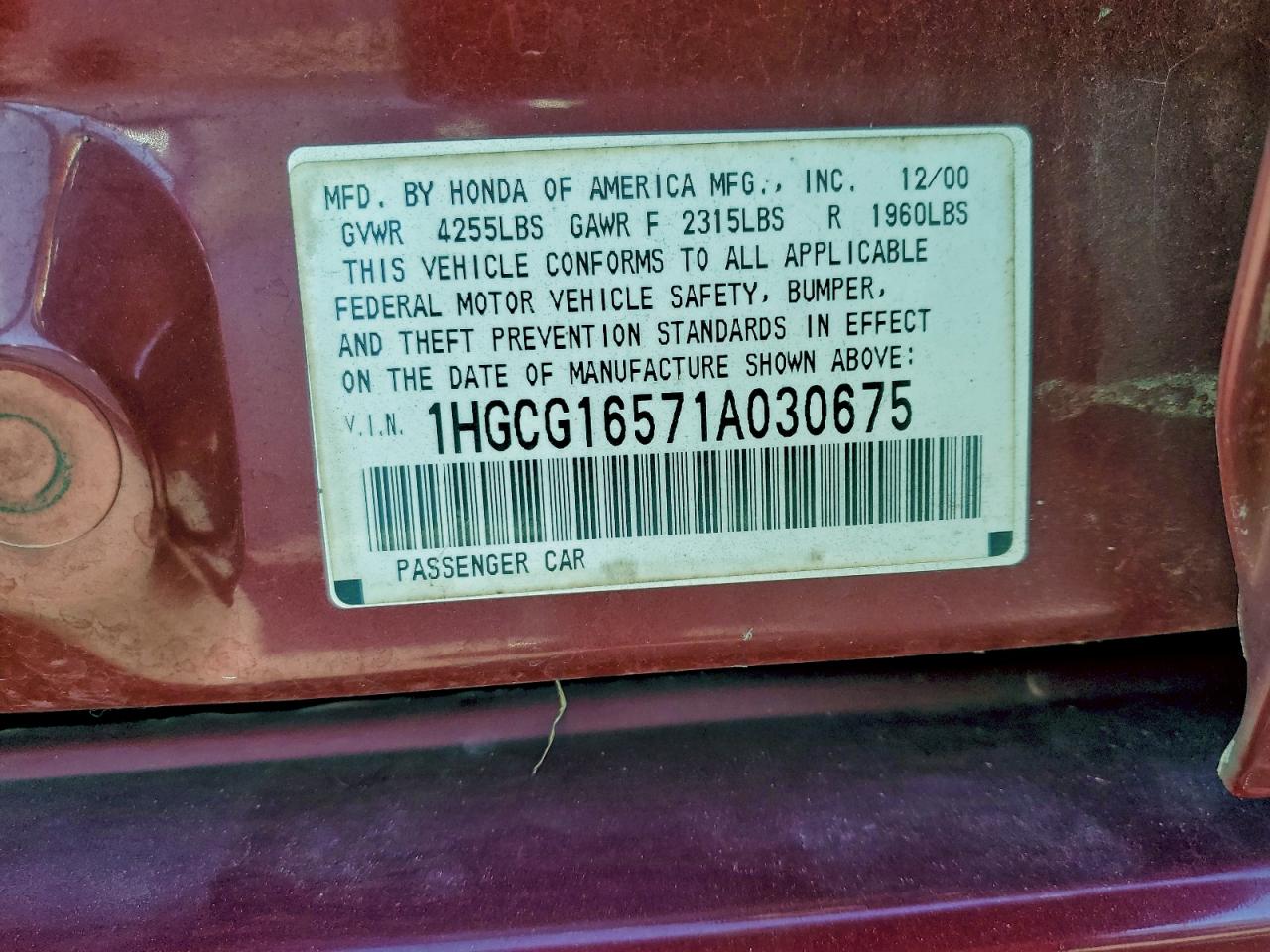 2001 Honda Accord Ex VIN: 1HGCG16571A030675 Lot: 94825555