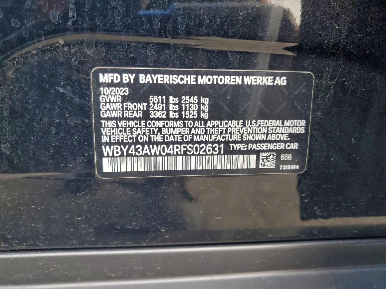 2024 BMW I4 Edrive 35 VIN: WBY43AW04RFS02631 Lot: 95014725