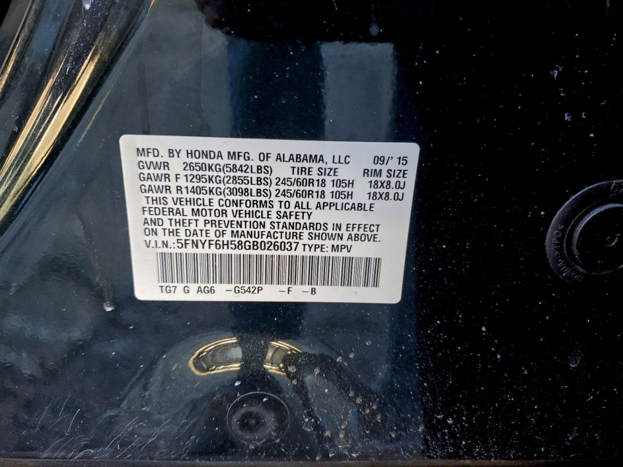 2016 Honda Pilot Exl VIN: 5FNYF6H58GB026037 Lot: 94657265