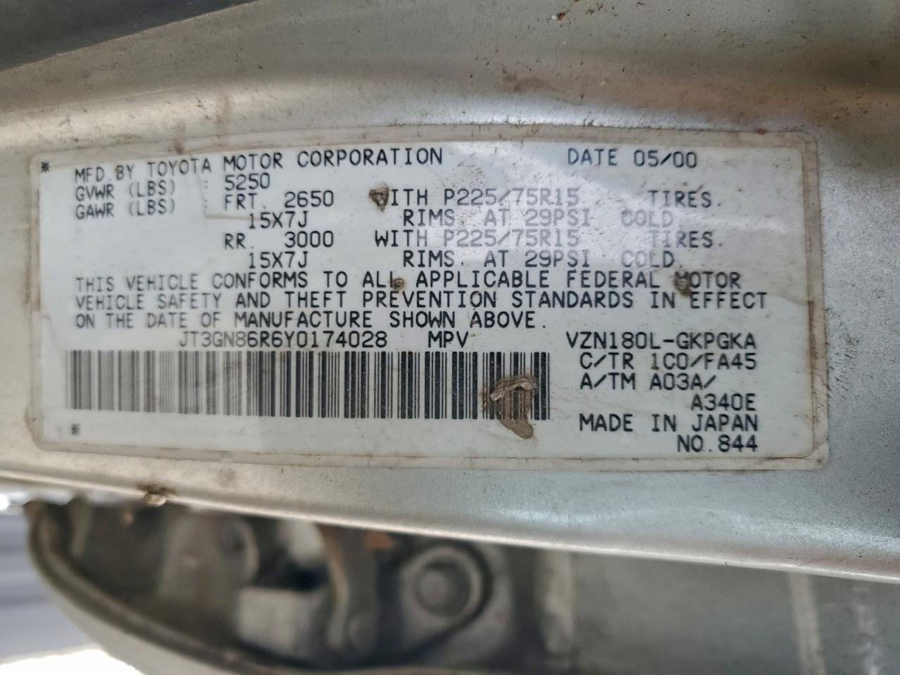 2000 Toyota 4Runner Sr5 VIN: JT3GN86R6Y0174028 Lot: 95509495