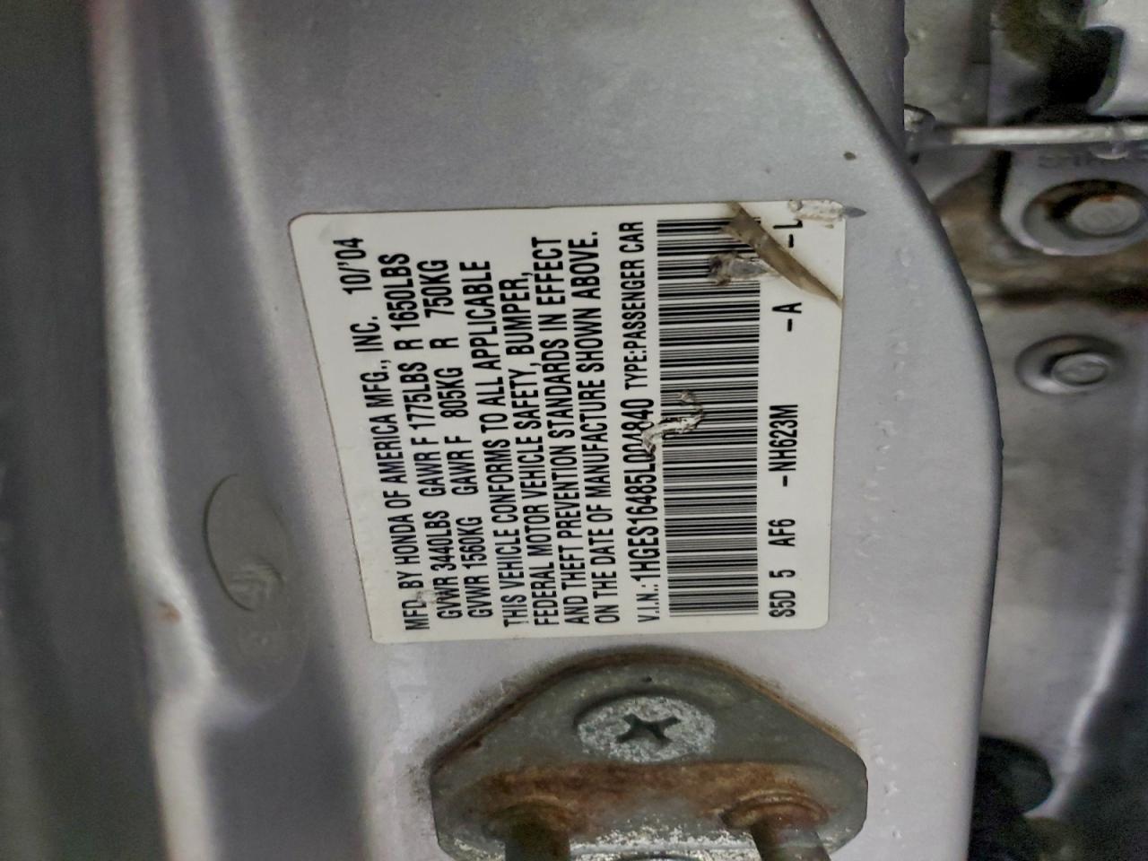 2005 Honda Civic Dx VIN: 1HGES16485L004840 Lot: 94555235