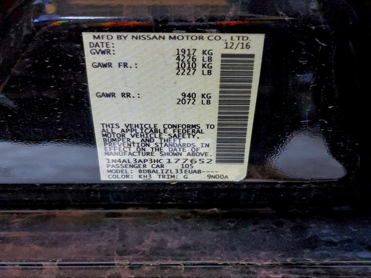 2017 Nissan Altima 2.5 VIN: 1N4AL3AP3HC177652 Lot: 96539265