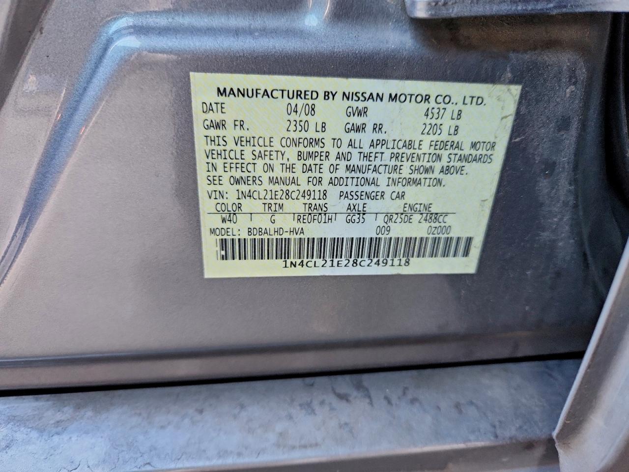 2008 Nissan Altima Hybrid VIN: 1N4CL21E28C249118 Lot: 96773275