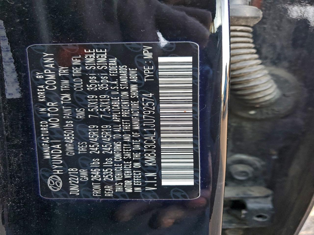 2018 Hyundai Tucson Sport VIN: KM8J3CAL1JU792574 Lot: 94263215