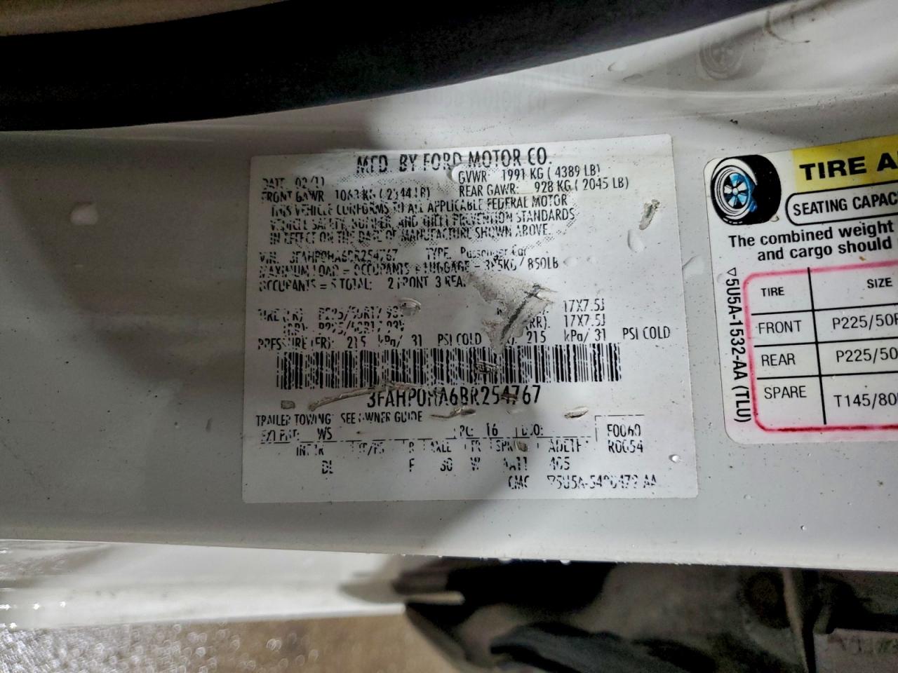 2011 Ford Fusion Se VIN: 3FAHP0HA6BR254767 Lot: 95358515