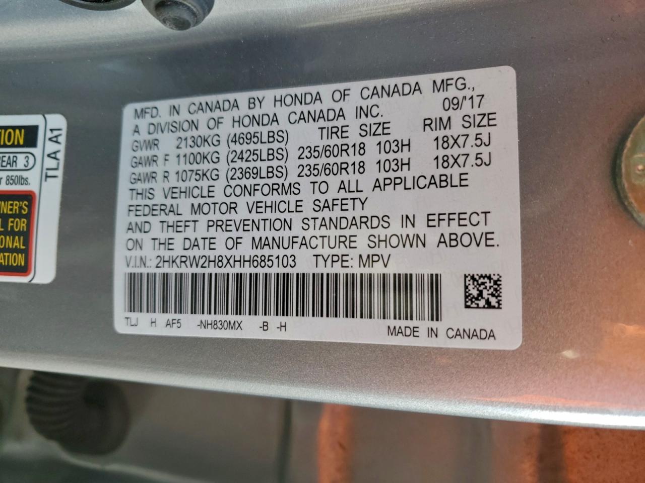 2017 Honda Cr-V Exl VIN: 2HKRW2H8XHH685103 Lot: 94865935