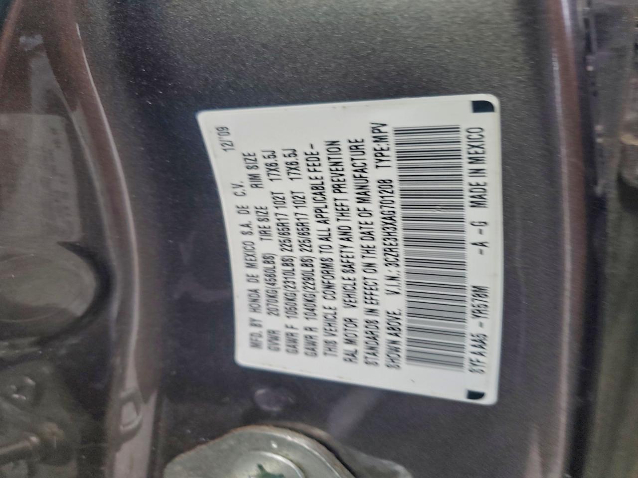 2010 Honda Cr-V Lx VIN: 3CZRE3H3XAG701208 Lot: 95890415