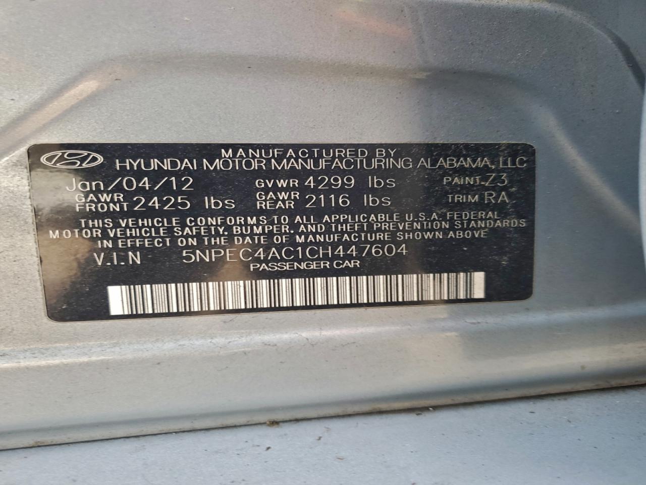 2012 Hyundai Sonata Se VIN: 5NPEC4AC1CH447604 Lot: 94753475