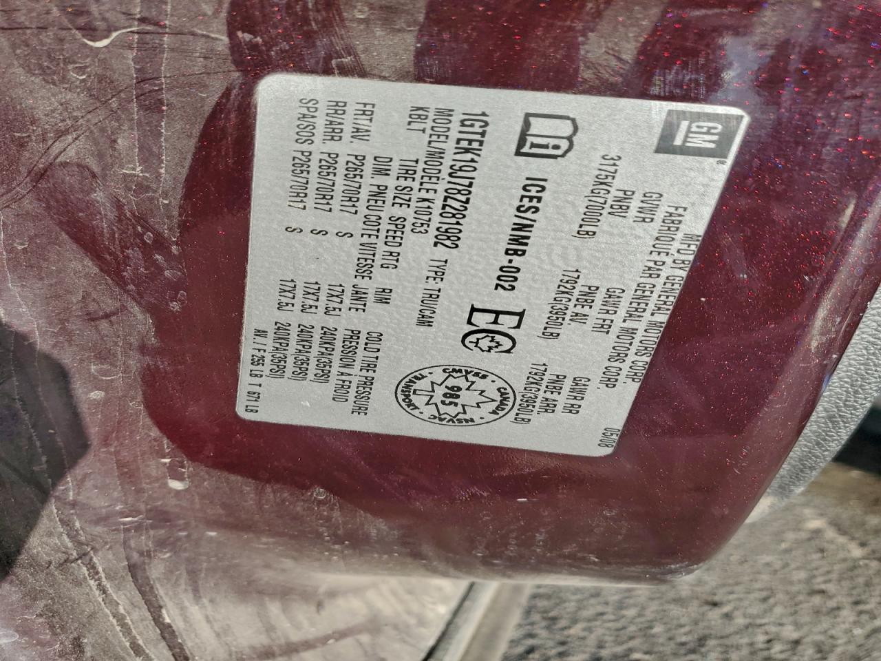 2008 GMC Sierra K1500 VIN: 1GTEK19J78Z281982 Lot: 95550615