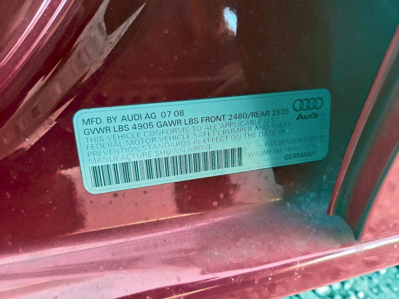 2009 Audi A4 Prestige VIN: WAUMF78K19N011570 Lot: 96510725