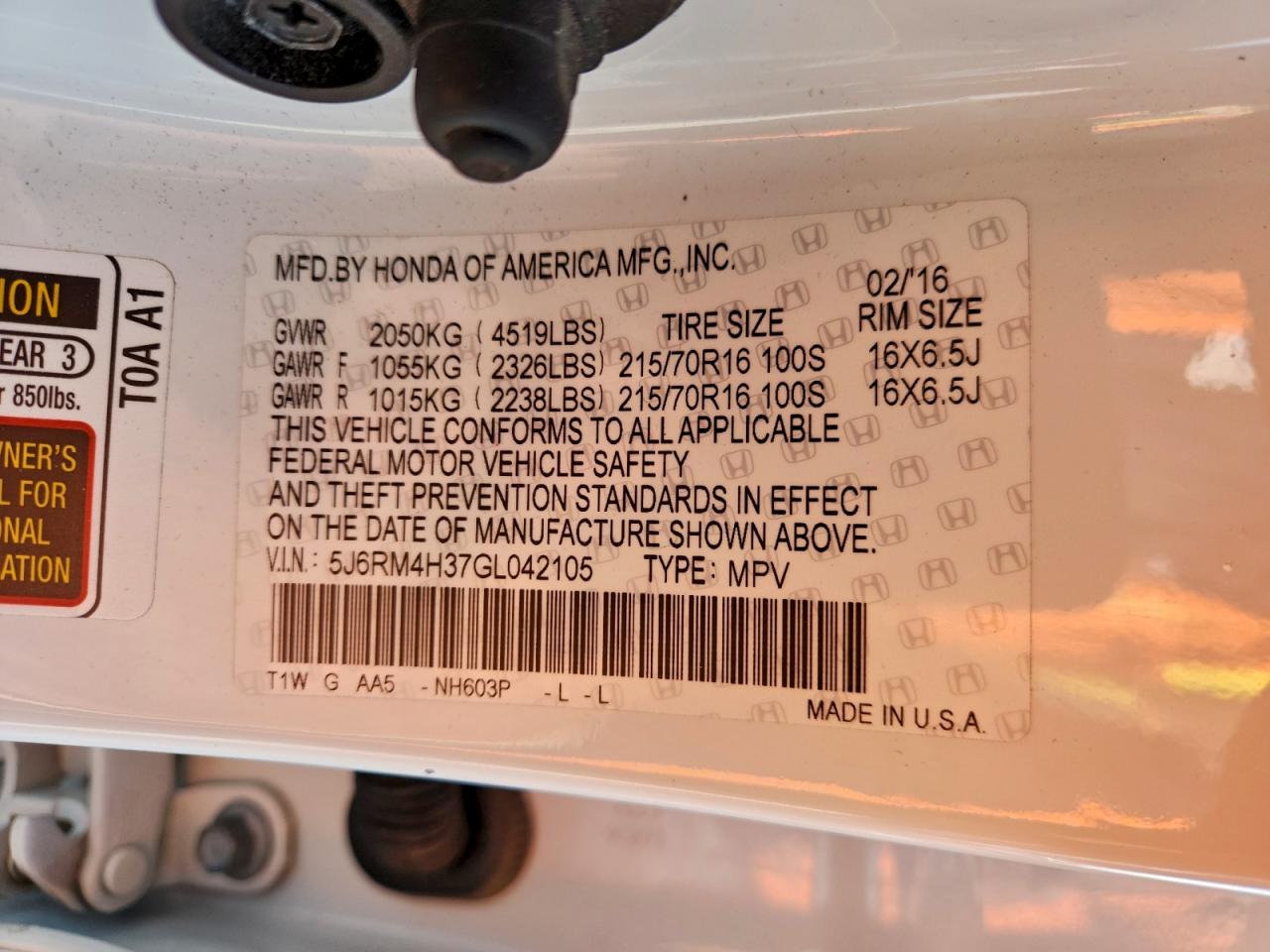 2016 Honda Cr-V Lx VIN: 5J6RM4H37GL042105 Lot: 94277205