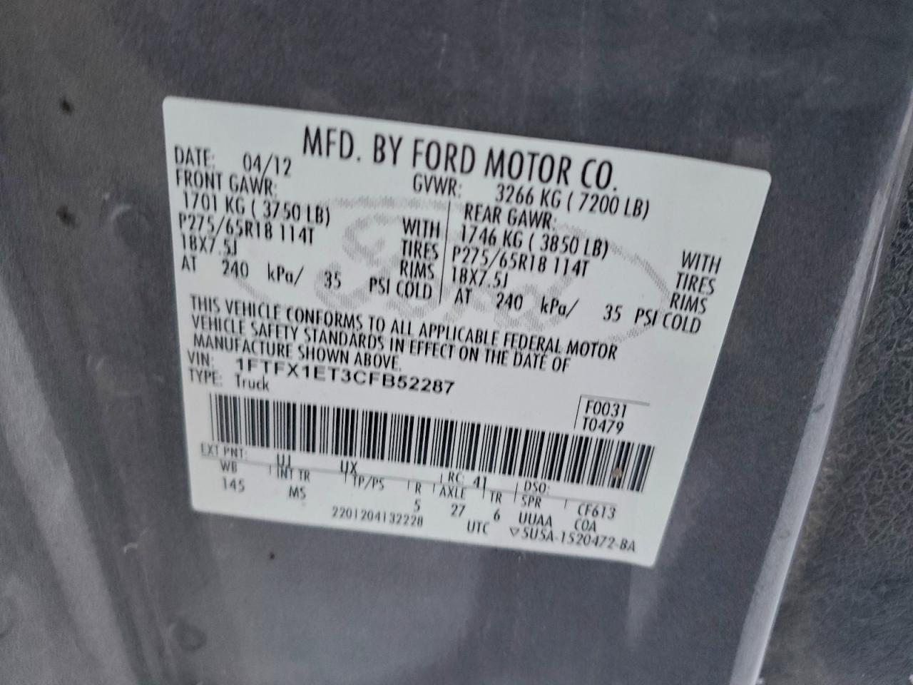 2012 Ford F150 Super Cab VIN: 1FTFX1ET3CFB52287 Lot: 94939645