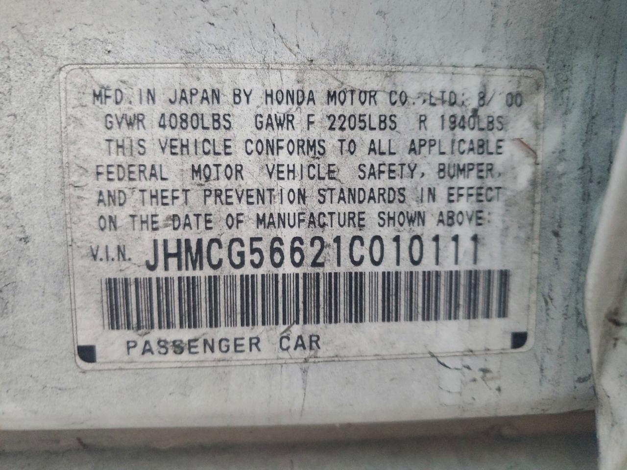 2001 Honda Accord Ex VIN: JHMCG56621C010111 Lot: 95184885