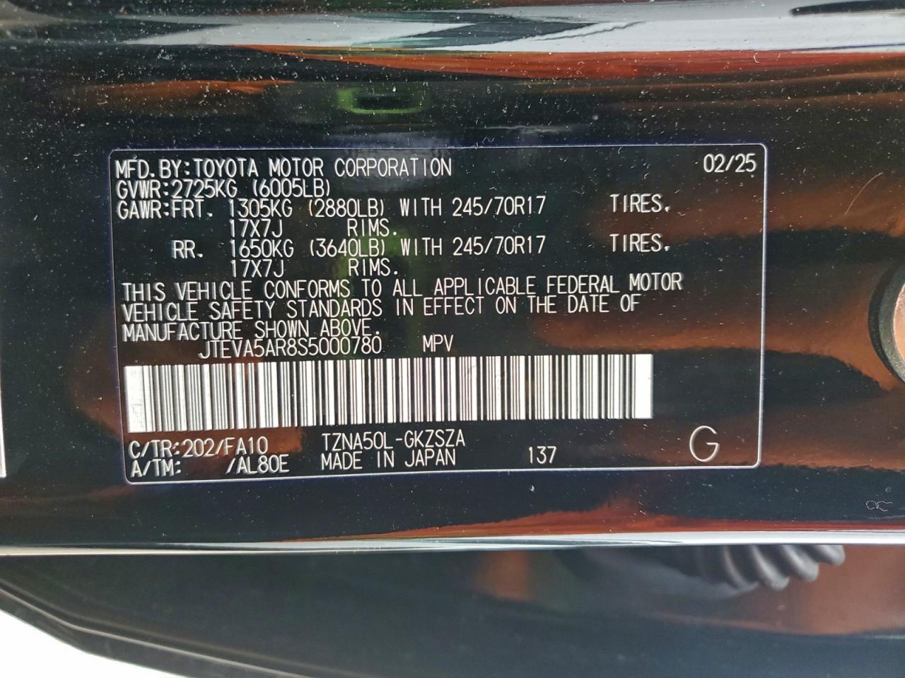 2025 Toyt 4Runner Sr5 VIN: JTEVA5AR8S5000780 Lot: 93994345