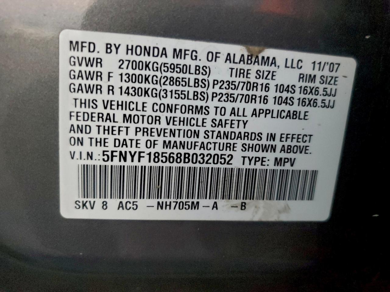 2008 Honda Pilot Exl VIN: 5FNYF18568B032052 Lot: 95774965