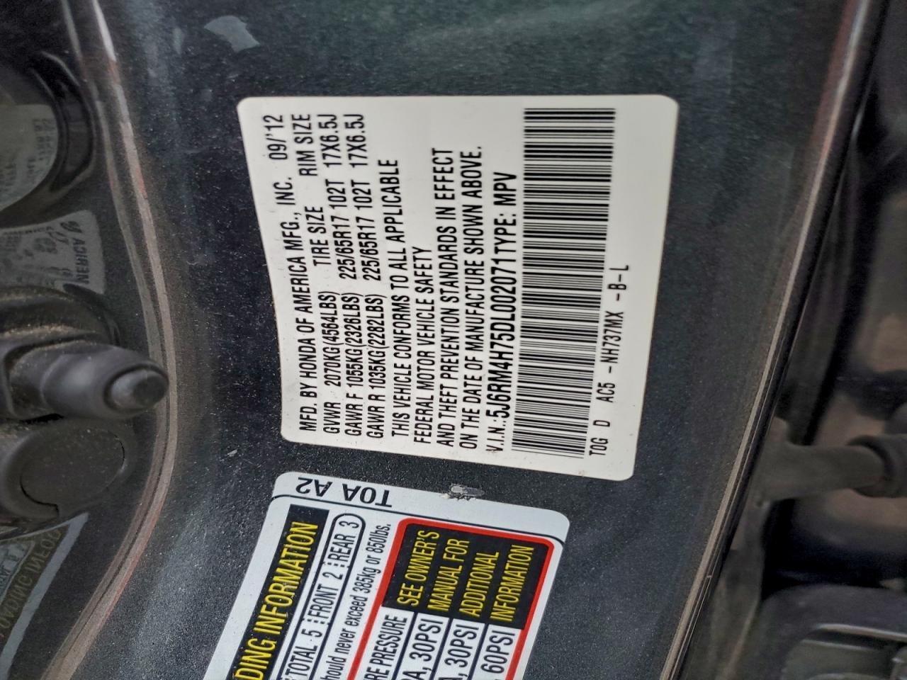 2013 Honda Cr-V Exl VIN: 5J6RM4H75DL002071 Lot: 96696345