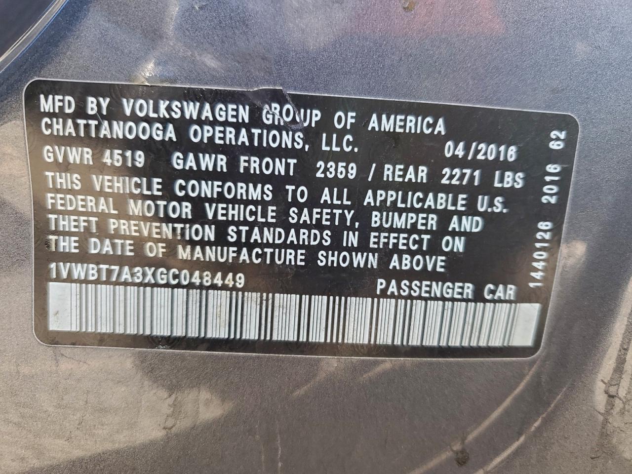 2016 Volkswagen Passat Se VIN: 1VWBT7A3XGC048449 Lot: 94578585