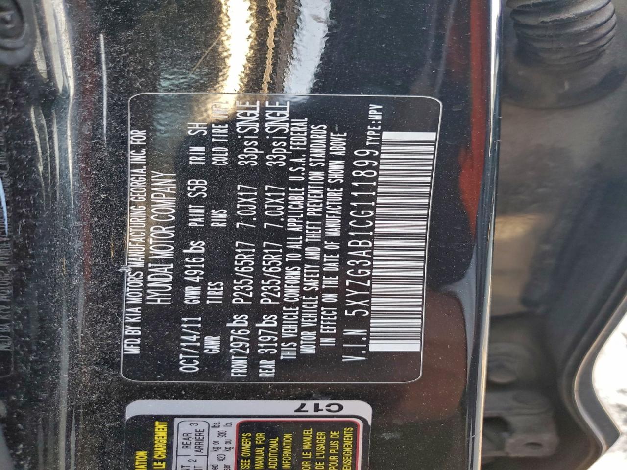 2012 Hyundai Santa Fe Gls VIN: 5XYZG3AB1CG111899 Lot: 95494545