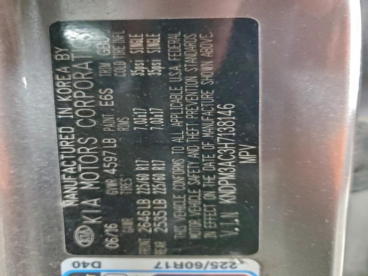 2017 Kia Sportage Lx VIN: KNDPM3AC3H7138146 Lot: 95091385