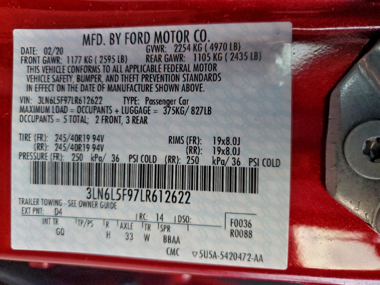 2020 Lincoln Mkz Reserve VIN: 3LN6L5F97LR612622 Lot: 95272915