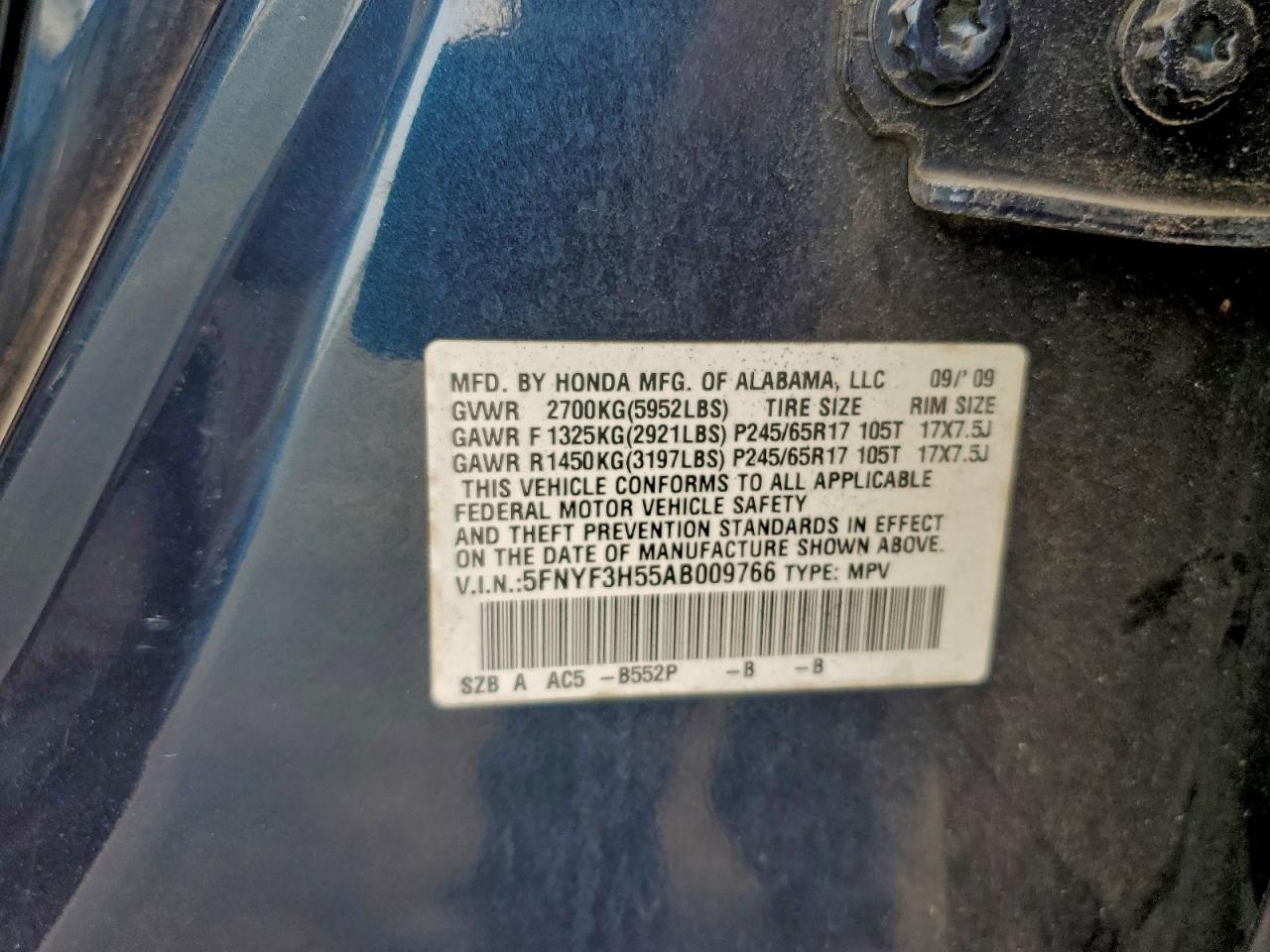 2010 Honda Pilot Exl VIN: 5FNYF3H55AB009766 Lot: 93212115