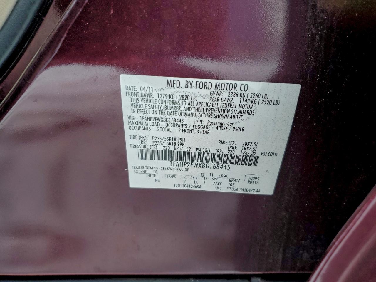 2011 Ford Taurus Sel VIN: 1FAHP2EWXBG168445 Lot: 97041435